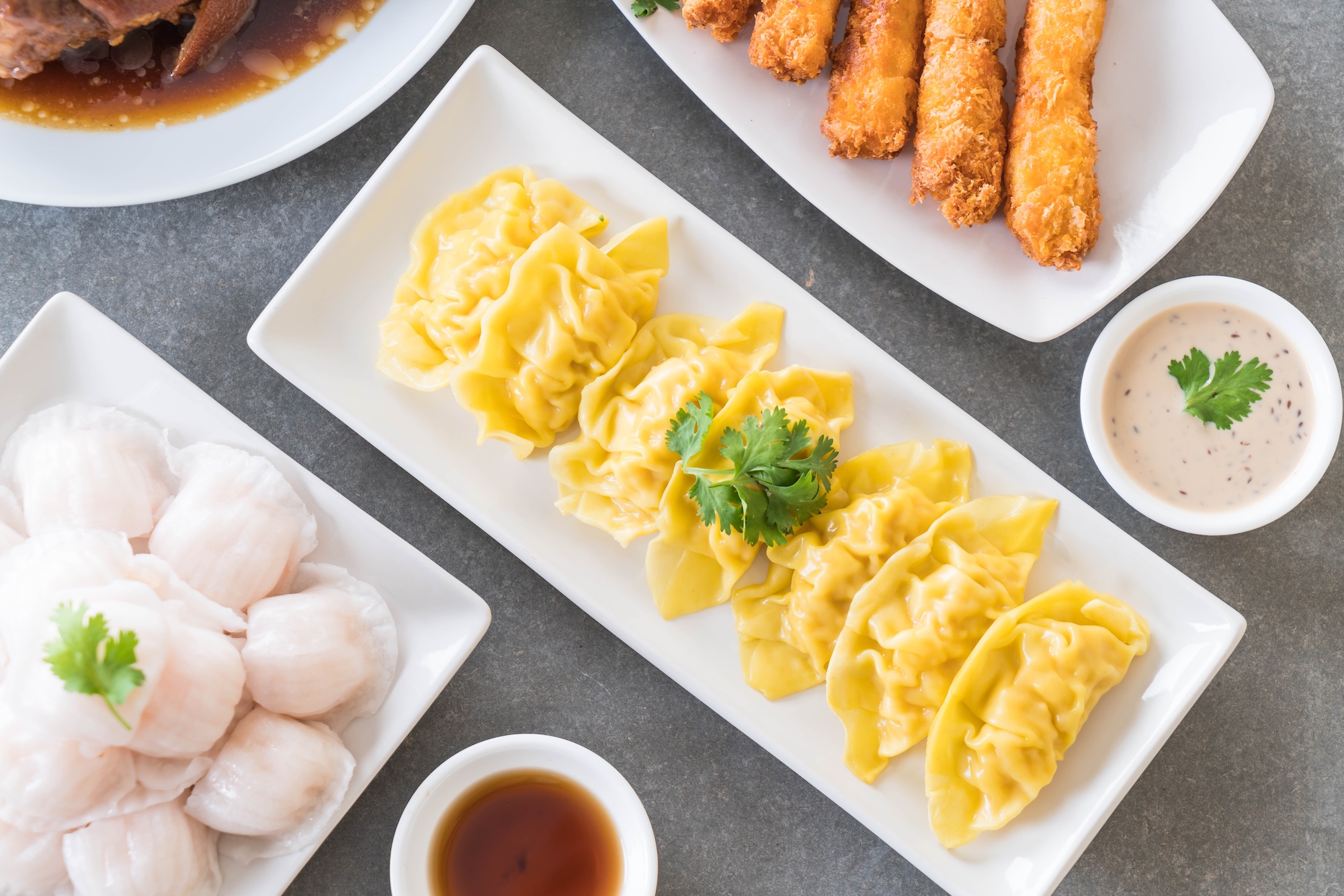 Steamed shrimp dumplings dim sum on dining table